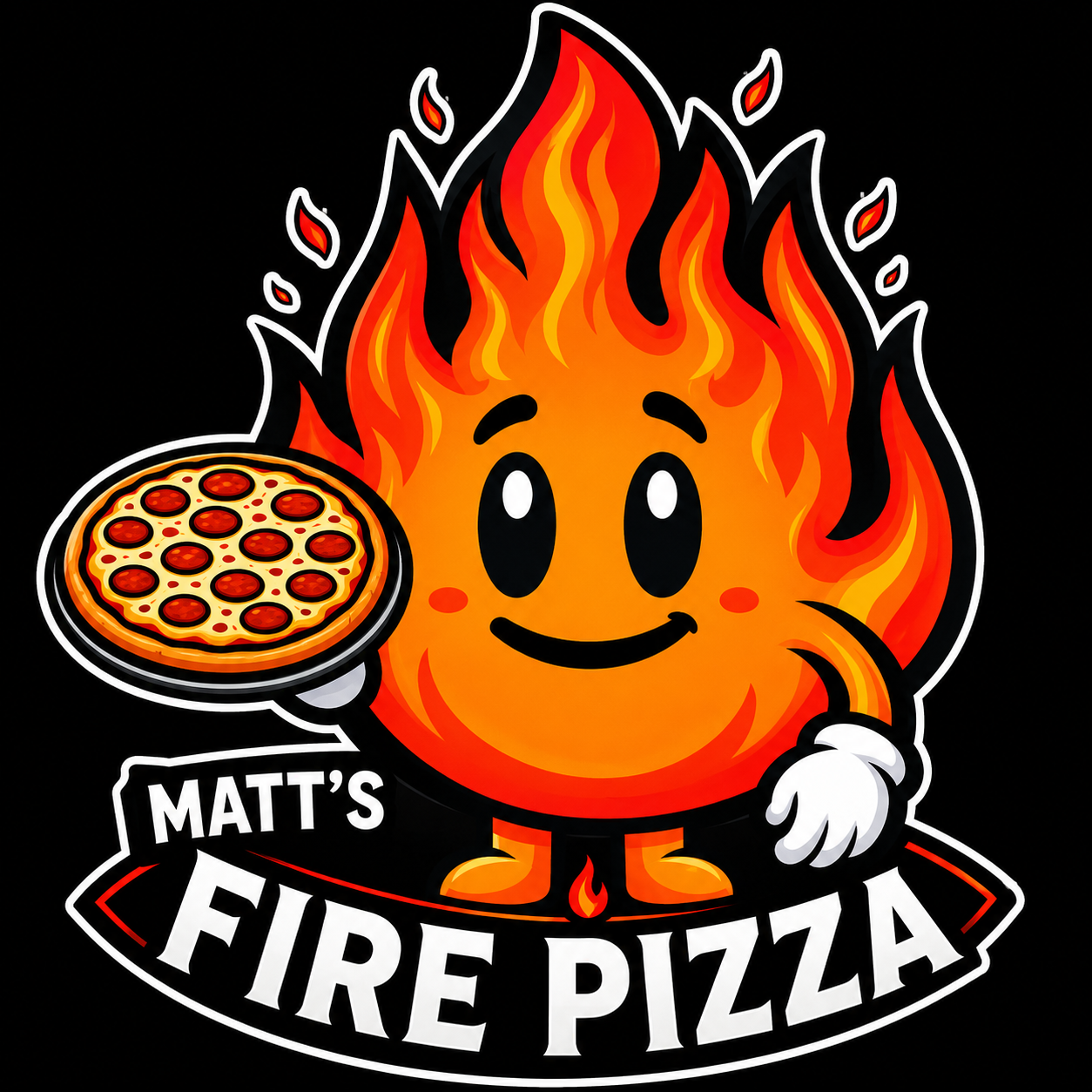 Matt's Fire Pizza flame mascot holding a pepperoni pizza
