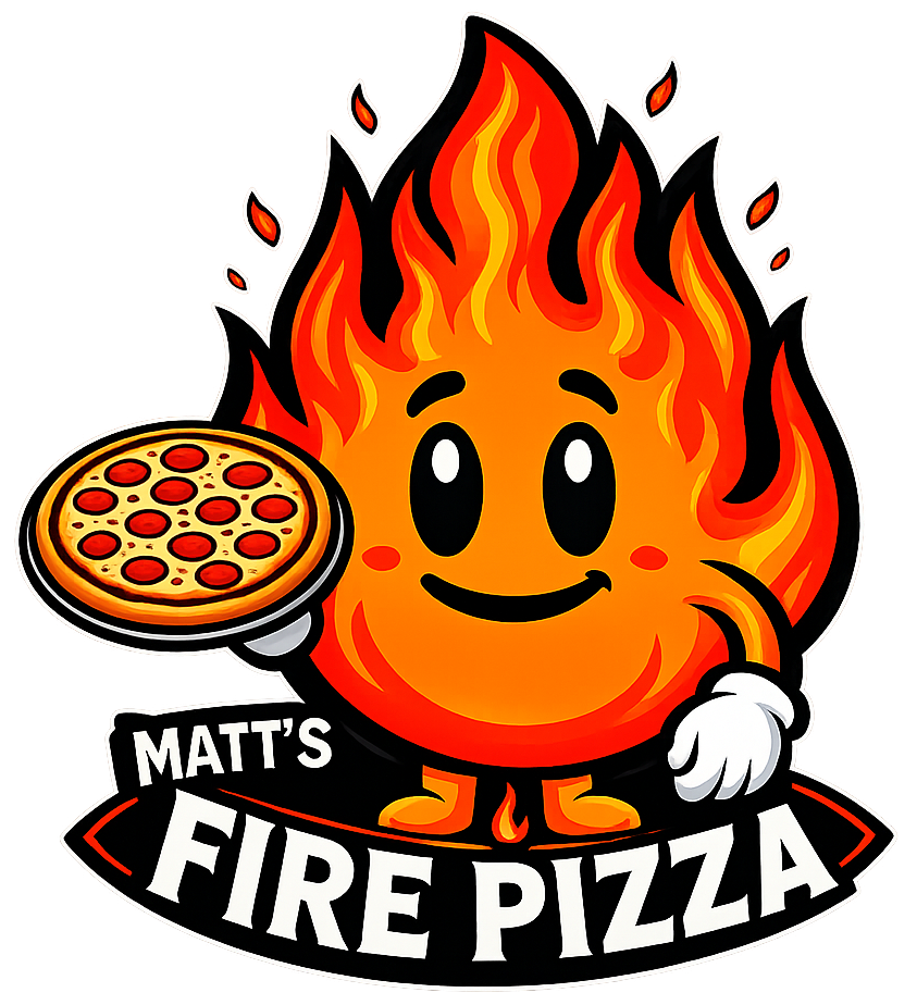 Matt's Fire Pizza flame mascot holding a pepperoni pizza